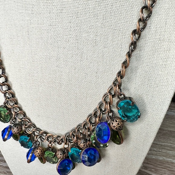 Jewelry - Blues & Greens Multicolor Gemstone Statement Bronze Necklace